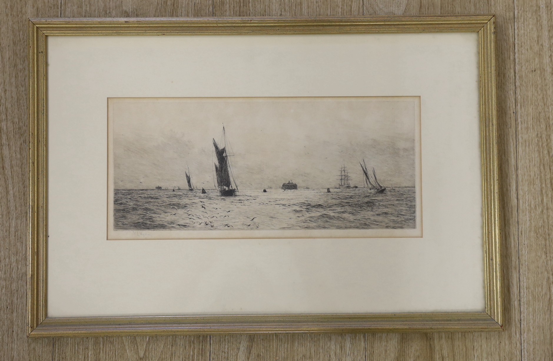 William Lionel Wyllie (1851-1931), etching, 'Shipping off Portsmouth', signed in pencil, 15 x 35cm